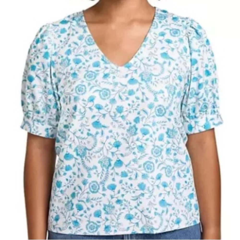 Draper James Heidi V-Neck Puff Sleeve Blouse | Blue Paisley | Size XS | NWT